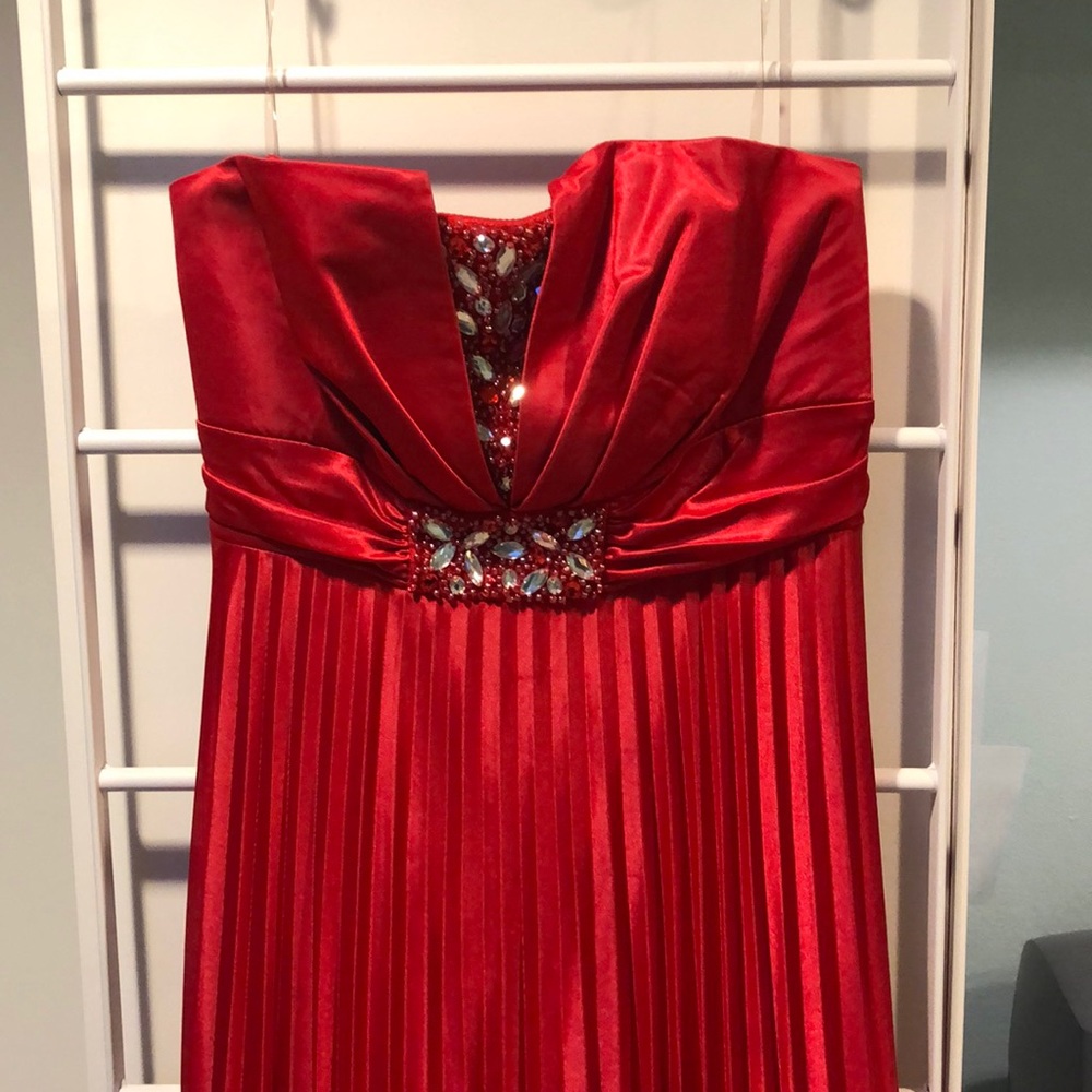Red Pleated Prom Dress with Beaded Bodice
